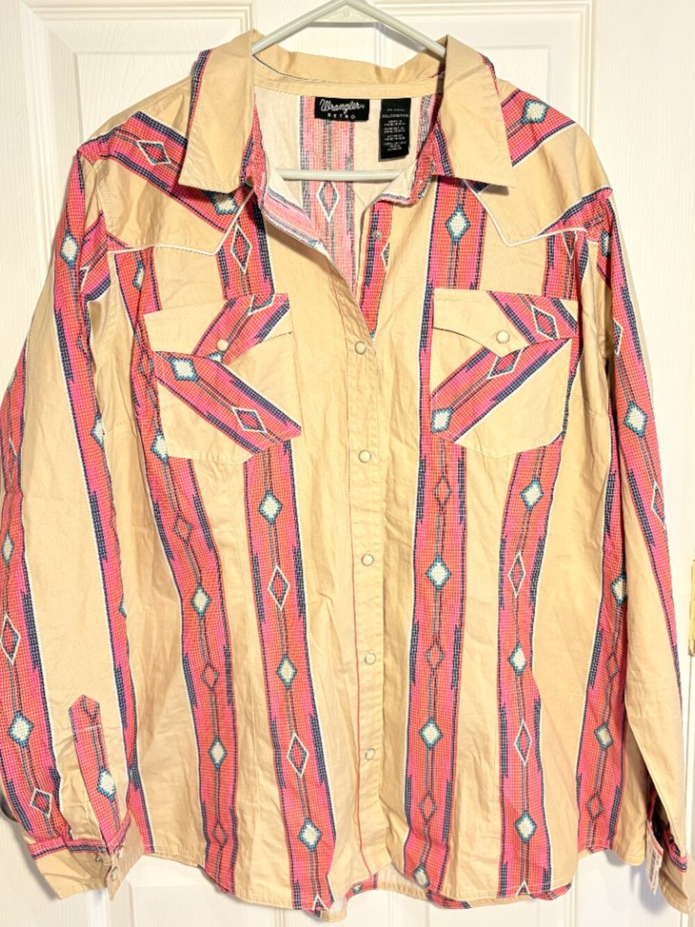 Wrangler Retro Western Pearl Snap Shirt Men’s XXL Tan Red Aztec Stripe